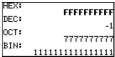 HEX: FFFFFFFF DEC: -1 OCT: 7777777777 BIN: 11111111111111111