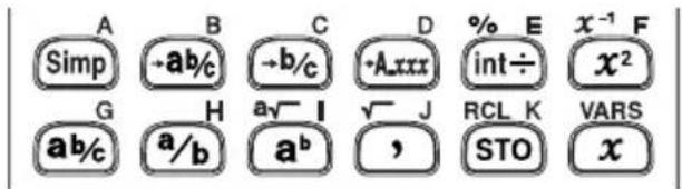A B C D % E x⁻¹ F Simp -a/b/c -b/c Axxx int÷ x² G H a√-I √-J RCL K VARS a/b a b , STO x