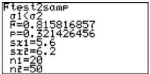 Ftest2samp σ1<σ2 F=0.815816857 P=0.321426456 sx1=5.6 sx2=6.2 n1=20 n2=50