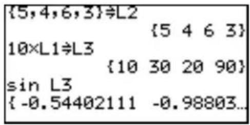{5,4,6,3}≠L2 {5 4 6 3} 10×L1≠L3 {10 30 20 90} sin L3 {-0.54402111 -0.98803...}