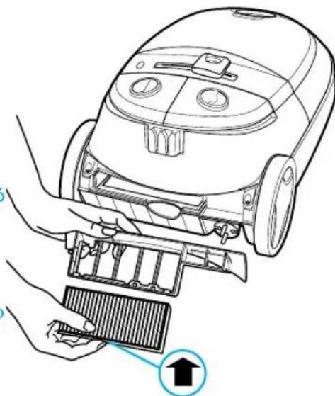 Strichzeichnung einer Hand, die ein Bauteil in die Lüftungsöffnung eines Staubsaugers einführt (kein Text oder Symbole)