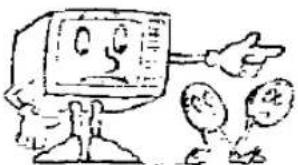 Cartoon-Illustration einer Computermonitor-Figur, die auf zwei Cartoon-Figuren zeigt (kein Text oder Symbole vorhanden)