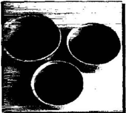 Drei schwarze kreisförmige Objekte in dreieckiger Anordnung auf hellem Hintergrund (kein Text oder Symbole)