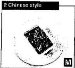 Schwarzes rechteckiges Objekt auf einem weißen Teller, beschriftet mit '2 Chinesische Art' und 'M' in der Ecke (kein anderer Text oder Symbole)