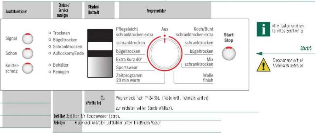 Zusatzfunktionen Status-/Service anzeigen Display/Restzeit Programmler Signal ○ Trocknen ○ Bügeltrocken ○ Schranktrocken ○ Auflockern/Ende ○ Behälter ○ Reinigen Pflegeleicht schranktrocken extra schranktrocken bügeltrocken Extra Kurz 40° Sportswear Zeitprogramm 20 min warm Aus Koch/Bunt schranktrocken extra schranktrocken bügeltrocken Mix schranktrocken Wolle finish Start Stop Allte Tastan sind son leichtes Berühren g Start/S Trockser nur mit ei Flussrisb betreises (Fertig In) Programrende nach 1°-24 Std. (Taste evtl. nehmals wahlen), zur nächsten voller Stunde whitter). Bohlter Bohlter für Kondenswasser Icero. Reinigen Flussrisb und/oder Luftkühler unter fließenden Wasser