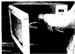 Schwarz-weißes Foto eines Computermonitors mit Kabeln, keine sichtbaren Texte oder Symbole.