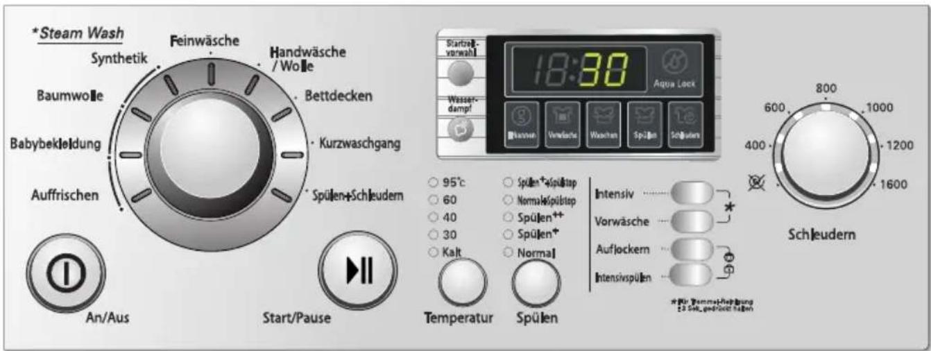 *Steam Wash Synthetik Feinwäsche Handwäsche / Wolle Baumwolle Bettdecken Babybekleidung Kurzwaschgang Auffrischen *Spülen+Schleudern An/Aus Start/Pause 95°C 60 40 30 Kalt Spülen+Spülpap Normal+Spülpap Spülen++ Spülen+ Normal Intensiv Vorwäsche Auflockern Intensivspülen Schleudern 800 1000 1200 400 1600 800 1200 1600 *Für Normal+Rehängung 2.8 Sol. gredrückt haben