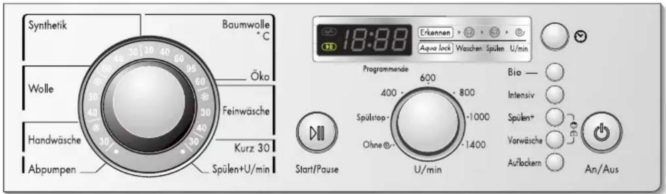Synthetik Baumwolle °C Wolle Öko Feinwäsche Handwäsche Kurz 30 Abpumpen Spülen+U/min Start/Pause Programmende Erkennen Aqua lock Waschen Spülen U/min Bio — Intensiv Spülen+ Varwäsche Auflockern An/Aus