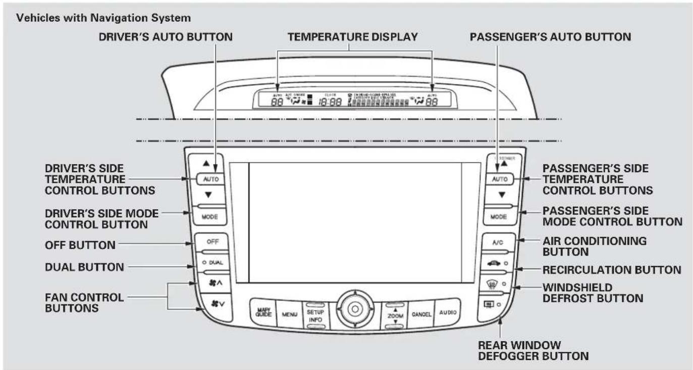 Vehicles with Navigation System DRIVER'S AUTO BUTTON TEMPERATURE DISPLAY PASSENGER'S AUTO BUTTON DRIVER'S SIDE TEMPERATURE CONTROL BUTTONS AUTO MODE OFF BUTTON DUAL BUTTON FAN CONTROL BUTTONS PASSENGER'S SIDE TEMPERATURE CONTROL BUTTONS AUTO MODE A/C AIR CONDITIONING BUTTON RECIRCULATION BUTTON WINDSHIELD DEFROST BUTTON MAPF GUIDE MENU SETUP INFO ZOOM CANCEL AUDIO REAR WINDOW DEFOGGER BUTTON