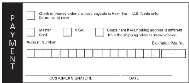 PAYMENT □ Check or money order enclosed payable to Helm Inc - U.S. funds only. Do not send cash □ Master Card □ VISA □ Check here if your billing address is different from the shipping address shown above. Account Number Expiration: Mo. Yr. CUSTOMER SIGNATURE DATE