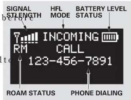 SIGNAL STLENGTH before HFL MODE BATTERY LEVEL STATUS INCOMING RM CALL 123-456-7891 ROAM STATUS PHONE DIALING