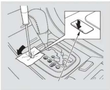 Diagram showing car gear shift mechanism with labeled parts and directional arrows indicating motion