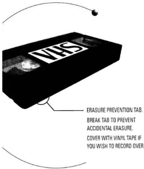 VHS ERASURE PREVENTION TAB. BREAK TAB TO PREVENT ACCIDENTAL ERASURE. COVER WITH VINYL TAPE IF YOU WISH TO RECORD OVER.