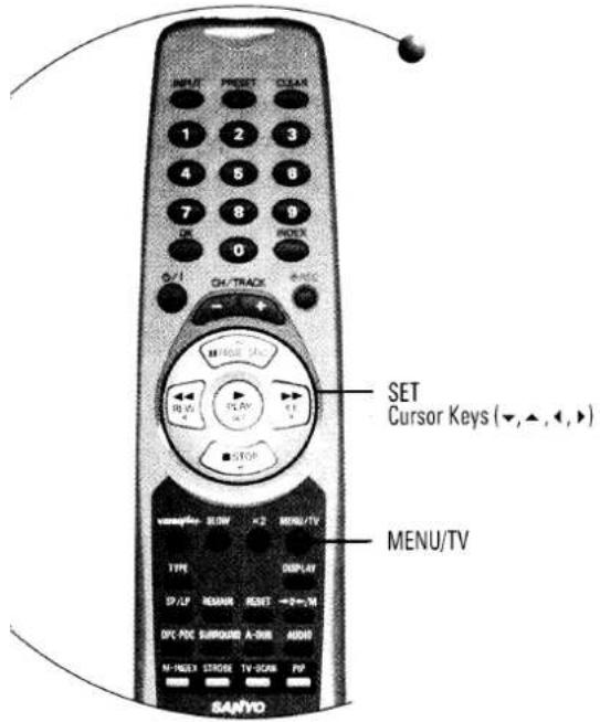 INPUT 1 2 3 4 5 6 7 8 9 CH 0 CH/TRACK SET Cursor Keys (▼,▲,◄,►) MENU/TV TYP DISPLAY SP/LP REMAIN RESET →←→,→ DPC PDC SURROUND A-DRB AUDIO M-HOES STRONG TV-SCAN FV SANYO