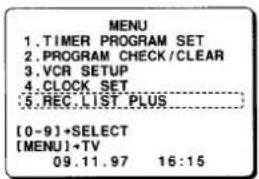 MENU 1. TIMER PROGRAM SET 2. PROGRAM CHECK/CLEAR 3. VCR SETUP 4. CLOCK SET 5. REC. LIST PLUS [0-9]+SELECT [MENU]+TV 09.11.97 16:15