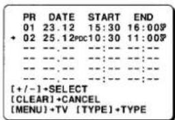 PR DATE START END 01 23.12 15:30 16:00# + 02 25.12PDC10:30 11:00# --- --- --- --- --- --- --- --- --- --- --- --- [+/-]•SELECT [CLEAR]+CANCEL [MENU]+TV [TYPE]+TYPE
