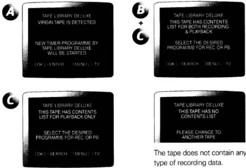 A TAPE LIBRARY DELUXE VIRGIN TAPE IS DETECTED NEW TIMER PROGRAMME BY TAPE LIBRARY DELUXE WILL BE STARTED. [OK] - ENTER [MENU] - TV B + C TAPE LIBRARY DELUXE THIS TAPE HAS CONTENTS LIST FOR BOTH RECORDING & PLAYBACK SELECT THE DESIRED PROGRAMME FOR REC OR PB. [OK] - SEARCH [MENU] - TV C TAPE LIBRARY DELUXE THIS TAPE HAS CONTENTS LIST FOR PLAYBACK ONLY SELECT THE DESIRED PROGRAMME FOR REC OR PB. [OK] - SEARCH [MENU] - TV TAPE LIBRARY DELUXE THIS TAPE HAS NO CONTENTS LIST PLEASE CHANGE TO ANOTHER TAPE The tape does not contain any type of recording data.