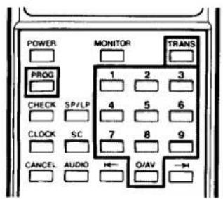 POWER PROG MONITOR TRANS 1 2 3 CHECK SP/LP 4 5 6 CLOCK SC 7 8 9 CANCEL AUDIO O/AV