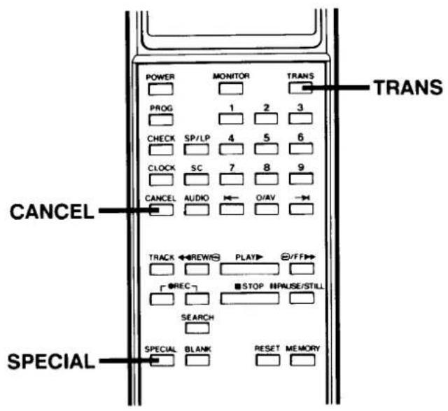 POWER MONITOR TRANS PROG 1 2 3 CHECK SP/LP 4 5 6 CLOCK SC 7 8 9 CANCEL AUDIO ← O/AV → TRACK ←REW→ PLAY→ /FF→ □ REC □ STOP MPULSE/STILL SEARCH SPECIAL BLANK RESET MEMORY SPECIAL