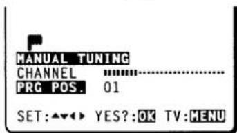 MANUAL TUNING CHANNEL PRG POS. 01 SET:▲▼▶ YES?:OK TV:MENU