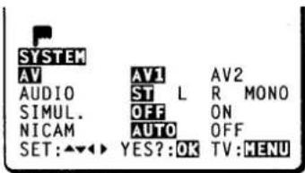 SYSTEM AV AV1 AV2 AUDIO ST L R MONO SIMUL. OFF ON NICAM AUTO OFF SET:▲▼▲> YES?:OK TV:MENU