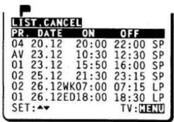 LIST.CANCEL PR. DATE ON OFF 04 20.12 20:00 22:00 SP AV 23.12 10:30 12:30 SP 01 23.12 15:50 16:00 SP 02 25.12 21:30 23:15 SP 02 26.12WK07:00 07:15 LP 01 26.12ED18:00 18:30 LP SET:▲▼ TV:MENU