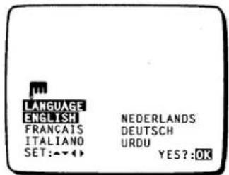 LANGUAGE ENGLISH NEDERLANDS FRANÇAIS DEUTSCH ITALIANO URDU SET:→↓(↓) YES?:OK