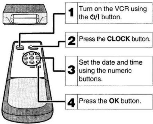 1 Turn on the VCR using the ⏻/l button. 2 Press the CLOCK button. 3 Set the date and time using the numeric buttons. 4 Press the OK button.