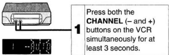 Press both the CHANNEL (- and +) buttons on the VCR simultaneously for at least 3 seconds.