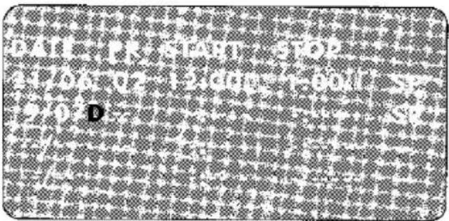Scanned text of a document with dense, pixelated characters and a central logo
