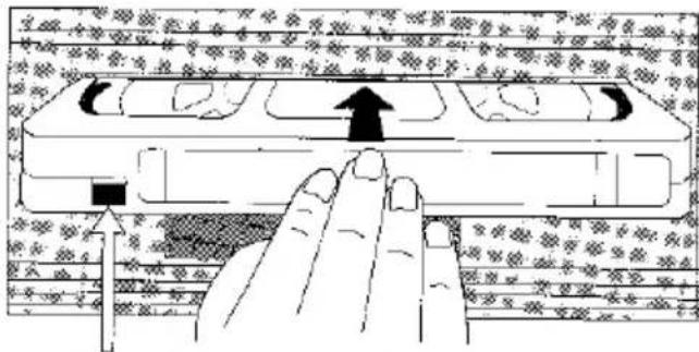 Diagram illustrating hand positioning of a device with directional arrow and patterned fabric background
