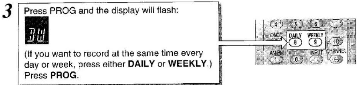 Press PROG and the display will flash: (If you want to record at the same time every day or week, press either DAILY or WEEKLY.) Press PROG.