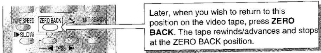 TAPE SPEED ZERO BACK SKIP SEARCH SLOW PASS Later, when you wish to return to this position on the video tape, press ZERO BACK. The tape rewinds/advances and stops at the ZERO BACK position.