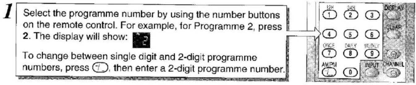 1 Select the programme number by using the number buttons on the remote control. For example, for Programme 2, press 2. The display will show: 2 To change between single digit and 2-digit programme numbers, press ⏻, then enter a 2-digit programme number.