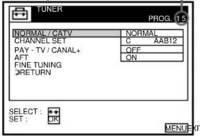 TUNER PROG. 1.5 NORMAL / CATV NORMAL CHANNEL SET C AAB12 PAY - TV / CANAL+ AFT OFF FINE TUNING ON RETURN SELECT : SET : OK MENU OK