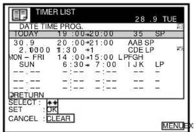 TIMER LIST 28 .9 TUE DATE TIME PROG. TODAY 19 :00→20:00 35 SP 30.9 20:00→21:00 AAB SP 2.0000 1:30 →1 CDE LP MON - FRI 14:00→15:00 LPFGH SUN 6:30→7:00 IJK LP ---- ---- -- ---- -- ---- ---- ---- -- ---- -- ---- RETURN SELECT: + + SET: OK CANCEL: CLEAR MENU EX