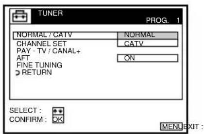 TUNER PROG. 1 NORMAL / CATV CHANNEL SET PAY - TV / CANAL+ AFT FINE TUNING RETURN NORMAL CATV ON SELECT : CONFIRM : OK MENU EXIT :
