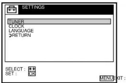 SETTINGS TUNER CLOCK LANGUAGE RETURN SELECT : + SET : OK MENU EXIT :