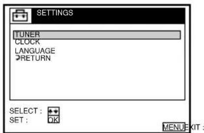 SETTINGS TUNER CLOCK LANGUAGE RETURN SELECT : SET : OK MENU KIT :