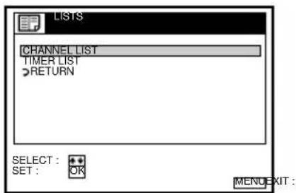 LISTS CHANNEL LIST TIMER LIST RETURN SELECT : + SET : OK MENU EXIT :