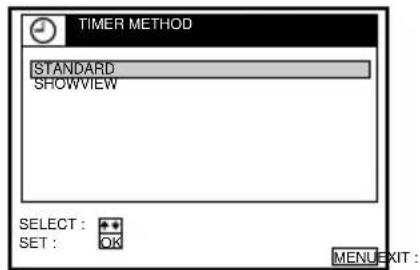 TIMER METHOD STANDARD SHOWVIEW SELECT : ++ SET : OK MENU EXIT :