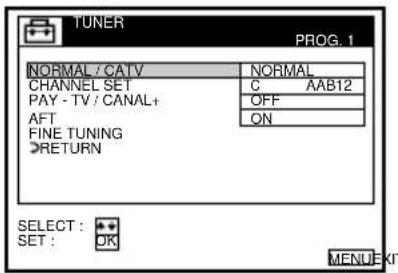 TUNER PROG. 1 NORMAL / CATV NORMAL CHANNEL SET C AAB12 PAY - TV / CANAL+ AFT OFF FINE TUNING ON RETURN SELECT: SET: OK MENU.KF