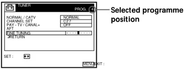 TUNER PROG. 4 NORMAL / CATV CHANNEL SET PAY - TV / CANAL+ AFT FINE TUNING RETURN SET : MENU EXIT :