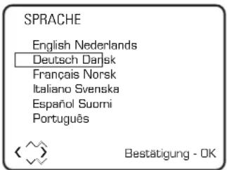 SPRACHE English Nederlands Deutsch Darisk Français Norsk Italiano Svenska Español Suorni Português < > Bestätigung - OK