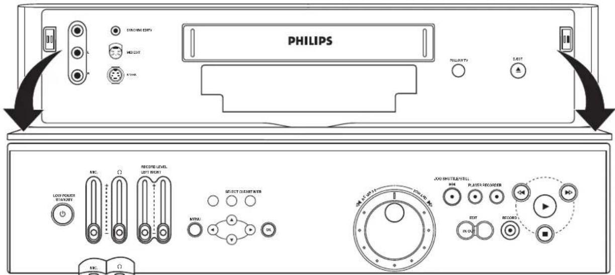 PHILIPS SCHIKING ENVT MELI ENT R-VINK FOLLOW TV 2.EXT LOW POWER STANLEY MIC RECOISE LEVEL LEFT RIGHT SELECT CLEAR INTER MTRU ON JOG SHUTTLESTILL PLAYER REORDER EORT IN OUT RECORD