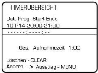 TIMERUBERSICHT Dat. Prog. Start Ende 10 P14 20:00 21:00 Ges. Aufnahmezeit 1:00 Löschen - CLEAR Ändern - > Ausstieg - MENU