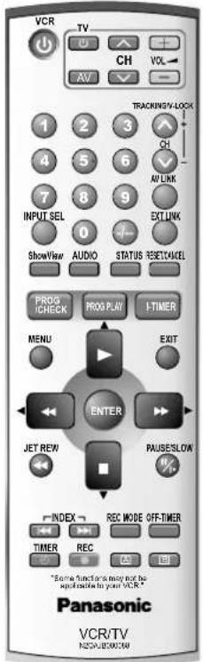 VCR TV CH VOL AV TRACKING/LOCK 1 2 3 4 5 6 7 8 9 INPUT SEL 0 ShowView AUDIO STATUS RESET/ACCEL PROG ICHECK PROG PLAY I-TIMER MENU EXIT ENTER JET REW PAUSESLOW INDEX REC MODE OFF-TIMER TIMER REC *Some functions may not be signal inside to your VCR* Panasonic VCR/TV N25A1500000M