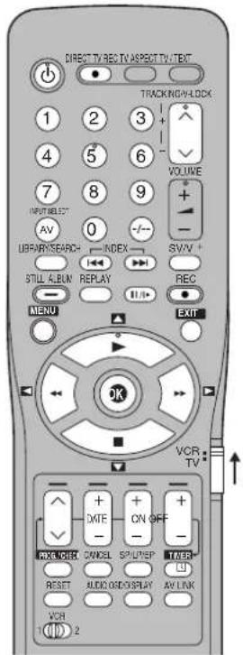 DIRECT TV/RES TV/ASPECT TV/TEC 1 2 3 4 5 6 7 8 9 INPUT SELECT AV 0 LIBRARY/SEARCH INDEX STILL ALBUM REPLAY MENU OPEN VOLUME + - SV/V + REC EXIT OK VCR TV DATE ON OFF ON/OFF VBR/GIRCH CANCEL SPLIT/SP TVER RESET AUDIO GED/DISPLAY AV LINK VCR 1/CD 2