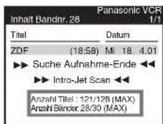 Panasonic VCR Inhalt Bandnr. 28 1/1 Titel Datum ZDF (18:58) Mi 18.4.01 ► Suche Aufnahme-Ende ◀◀ ► Intro-Jet Scan ◀◀ Anzahl Titel: 121/12B (MAX) Anzahl Bänder 28/30 (MAX)