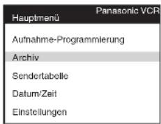 Hauptmenü Panasonic VCR Aufnahme-Programmierung Archiv Sendertabelle Datum/Zait Einstellungen